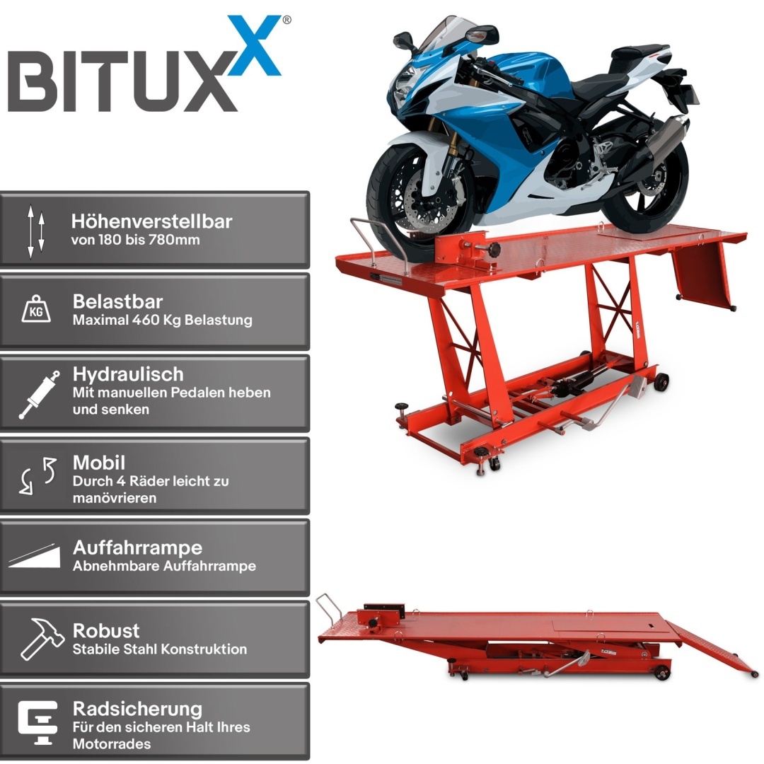 Hydraulický motocyklový zvedák Bituxx 460 kg červený, servisní rampa MS19721